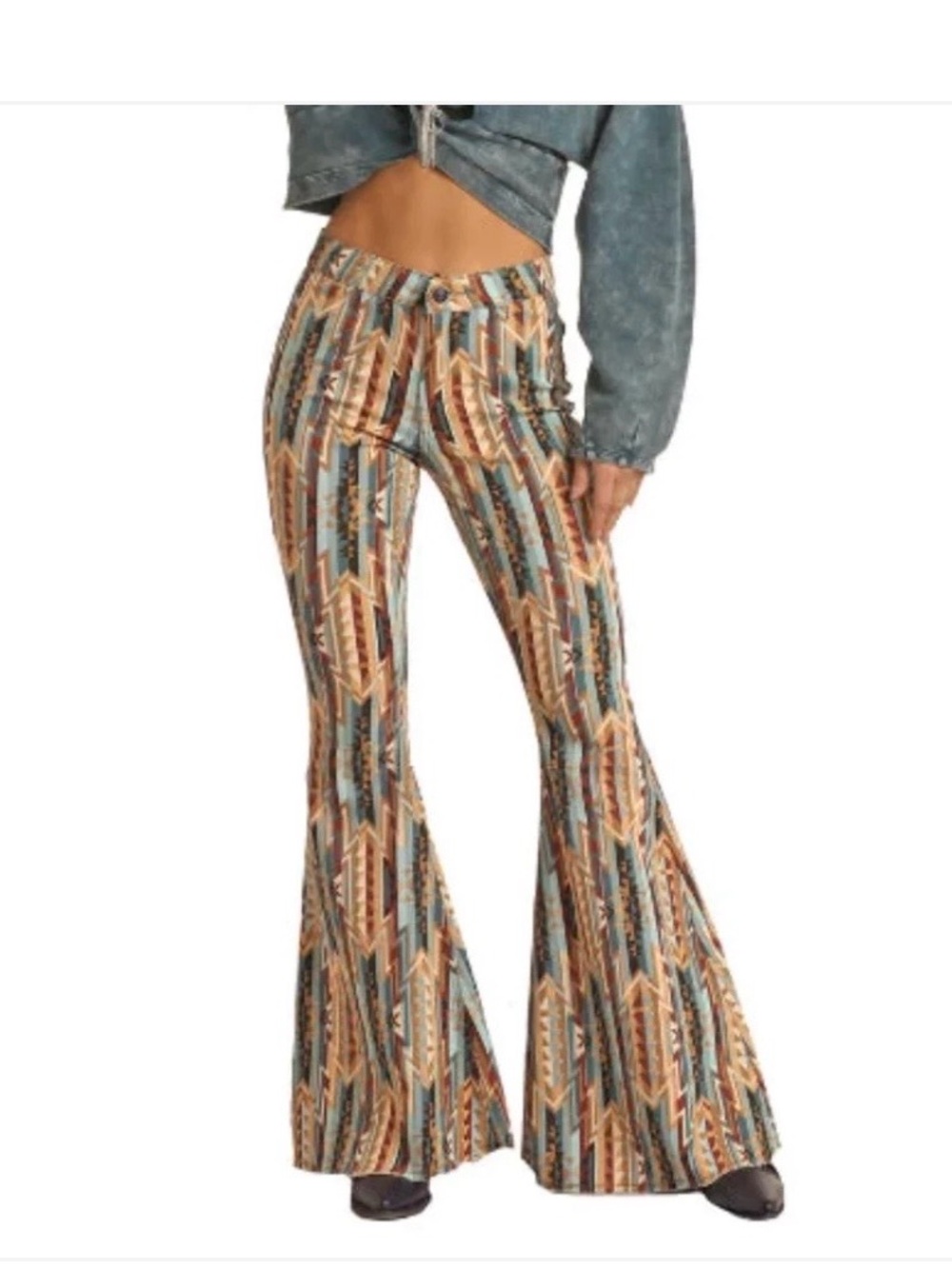 Rock & Roll Teal & Tan Aztec Flare Pants - Picture 3 of 14